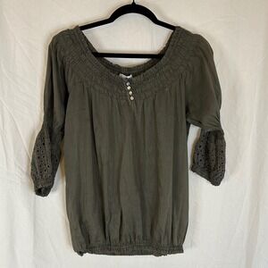 Charlotte Russe Olive Green Cotton‎ Silk Peasant Top Blouse Eyelet Sleeve
